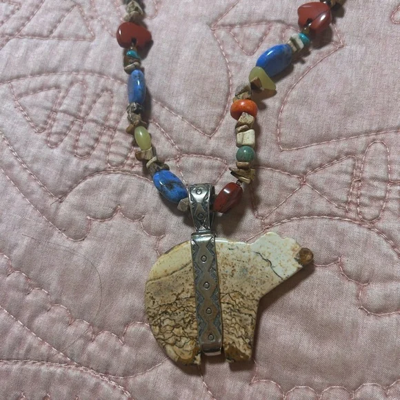 Southwestern Sterling Multi-Gemstone Bear Pendant Necklace - Picture 4 of 4